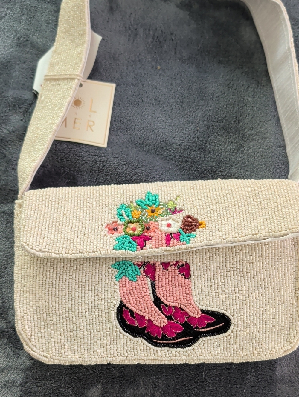 Beaded Floral Cowboy Boot Bag - Cream and Pink